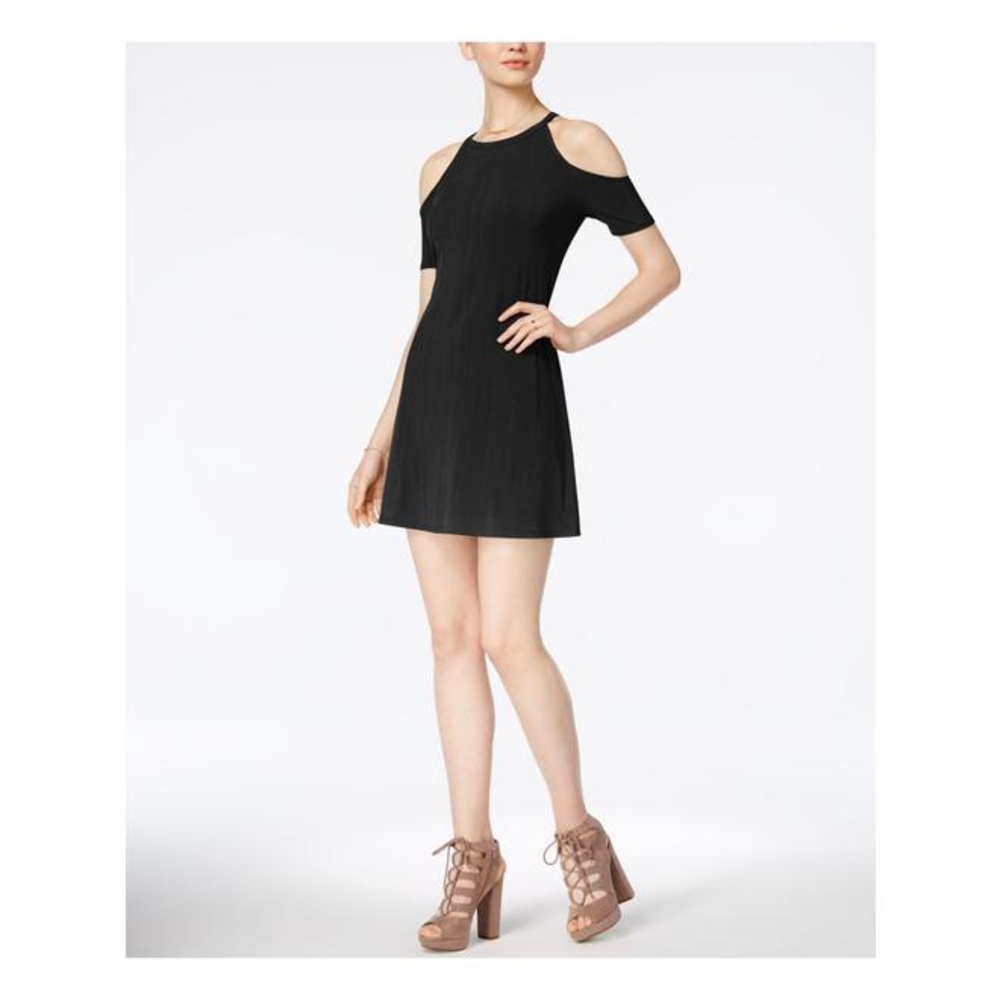 Bar III Slinky Black Ribbed Cold Shoulder Short Sleeve Flare Swing Shift Dress